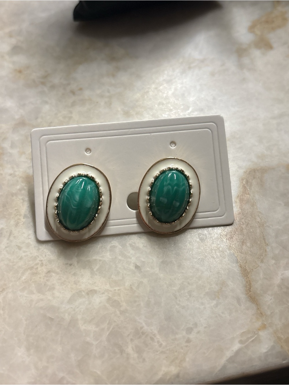Vintage White and Teal Oval Clip-On Earrings - Women Jewelry